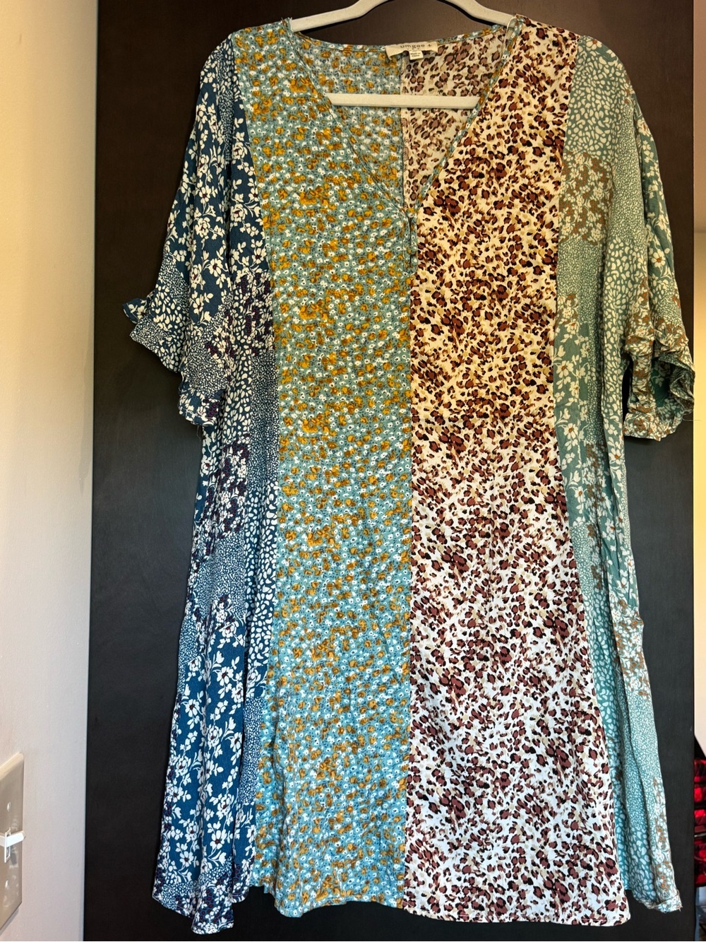 UMGEE + Patchwork Midi Dress in Teal, Mustard & Cream